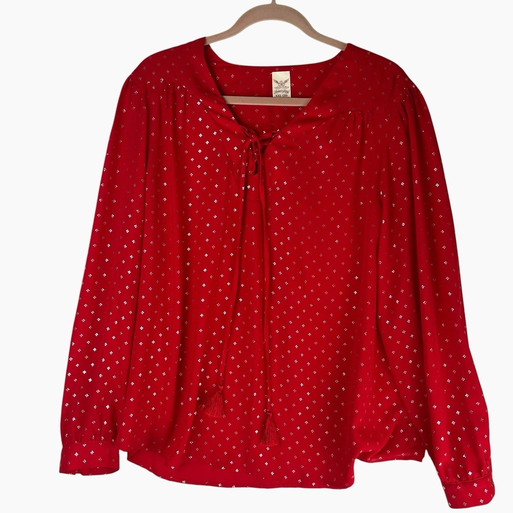 Faded‎ Glory Red Peasant Blouse XXL 20 Polka Dot Metallic Flowy Sleeve Pullover